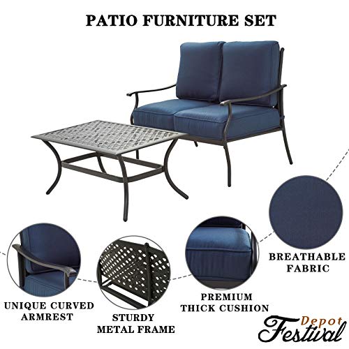Festival Depot 2Pcs Patio Loveseat Set with Thick Cushions and Coffee Table Outdoor Metal Frame Seating Bench for Garden Bistro, Beige 