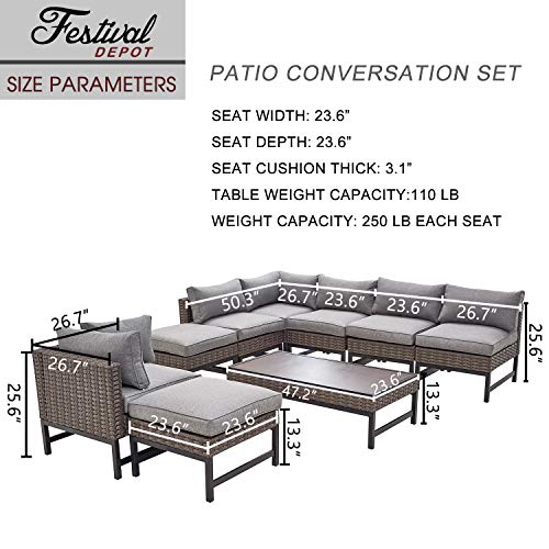 Festival Depot 9 Pieces Outdoor Furniture Patio Conversation Set Combination Sectional Corner Sofa All-Weather Wicker Metal Chairs with Seating Back Cushions Side Coffee Table,Gray