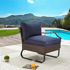Festival Depot Dining Outdoor Patio Bistro Furniture Left Armrest Section Chair with Curved Armrest Wicker Rattan Soft Cushion with Side U Shaped Slatted Steel Leg for Garden Yard Poolside All-Weather