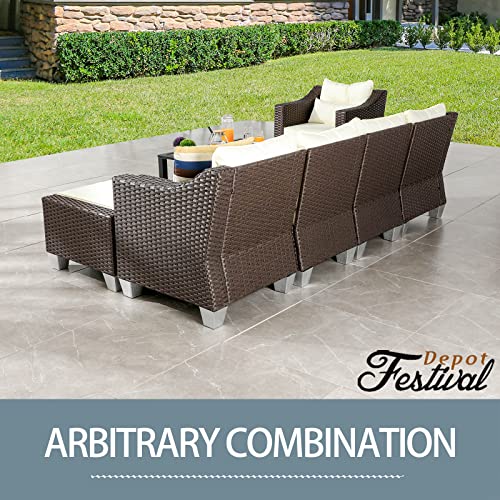 Festival Depot 7 Pcs Patio Conversation Set Outdoor Furniture Combination Sectional Sofa All-Weather PE Wicker Metal Armchairs with Seating Back Cushions Side Coffee Table (Beige) 