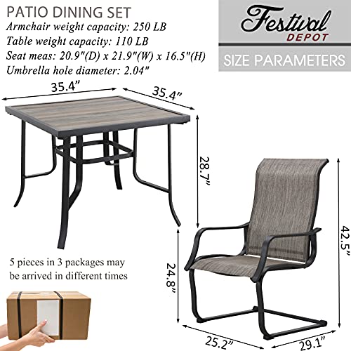 Festival Depot 5Pcs Patio Dining Set of 4 High Back Chairs with Textilene Fabric and 1 Square Metal Table with Wood-Like DPC Tabletop and Curved Steel Legs for Backyard Deck Garden