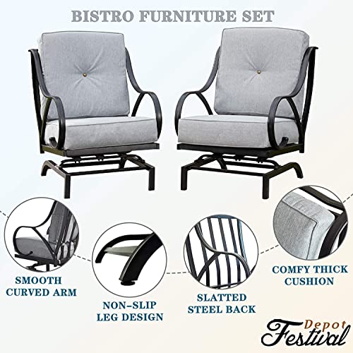 Festival Depot Patio Chair Set of 2 Metal Armchairs with Thick Cushions Outdoor Furniture for Bistro Deck Garden (Grey)