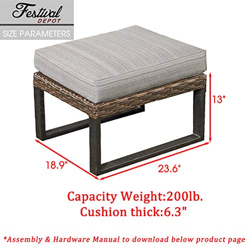 Festival Depot Patio Ottoman Wicker Footstool with Thick Cushion Metal Frame Outdoor Furniture for Deck Yard All Weather (Grey) 