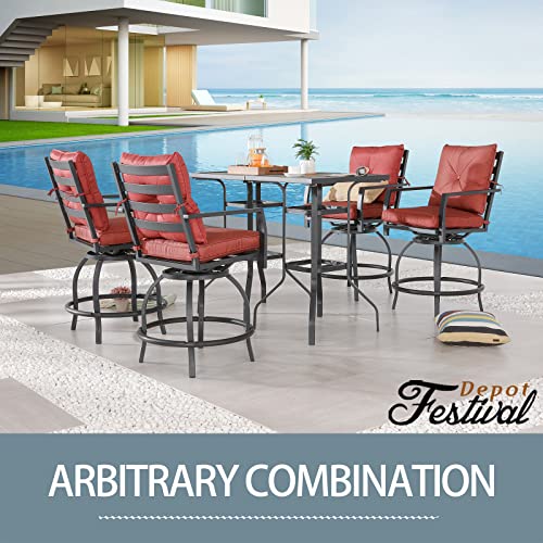 Festival Depot 6pcs Bar Bistro Outdoor Patio Furniture Set High Stool 360° Swivel Armrest Chairs with Comfort Cushion Square DPC Desktop Wood Grain Top Table Metal Steel Frame Leg All-Weather (Red) 