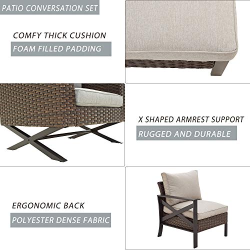 Festival Depot 4 Pieces Patio Furniture Set All-Weather Rattan Wicker Metal Frame Sofa Chair Outdoor Conversation Set Sectional Armrest Couch with Cushions and Coffee Table for Deck Poolside