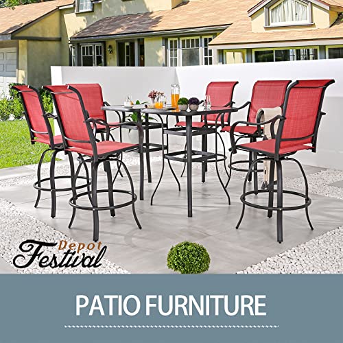Festival Depot 8pcs Outdoor Patio Dining Furniture Sets Bar Bistro High Stools 360° Swivel Chairs with Slatted Steel Curved Armrest Coffee Table Tempered Glass Desktop (6 Chairs,2 Table) 