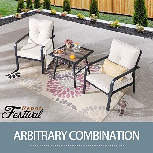 Festival Depot Patio Bistro Dining Chairs Outdoor Furniture with Curved Armrest, Metal Steel Frame and Detachable Seat & Back Cushion for Porch Balcony Deck Poolside, Beige