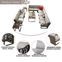 Festival Depot 13Pc Outdoor Furniture Patio Conversation Set Sectional Corner Sofa Chairs All Weather Wicker Metal Frame Rectangle Side Slatted Coffee Table with Thick Grey Seat Back Cushion No Pillow