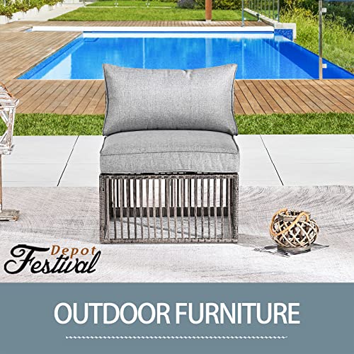 Festival Depot Wicker Patio Single Sofa, Outdoor Armless Chair, All-Weather Brown PE Rattan Couch Chair Waterproof Sectional Furniture for Balcony Garden Pool Lawn Backyard (Grey Thick Cushion)