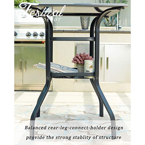 Festival Depot 3ft Bar Height Patio Bistro Table Tempered Glass Top Metal Table w/Storage Support Shelf Steel Outdoor Furniture (27.6"x 27.6"x 36.2"H) 