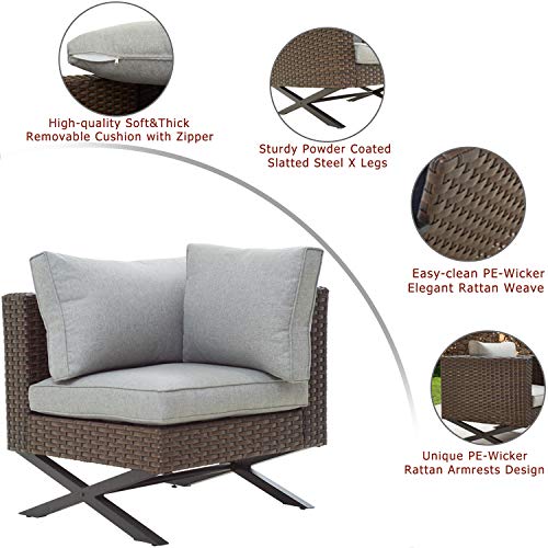 Festival Depot Wicker Patio Chair with Left Armrest Rattan Dining Chair with Thick Cushions and X Shaped Metal Legs Outdoor Furniture for Garden Yard Poolside All-Weather 