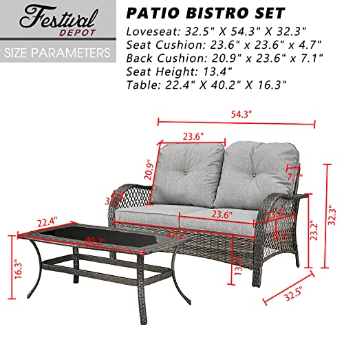 Festival Depot 2 Pieces Patio Bistro Set PE Wicker Loveseat with Tempered Glass Top Side Table Outdoor Furniture Conversation Set (Brown Wicker, Grey Cushion)