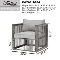 Festival Depot Wicker Patio Single Sofa, Outdoor Armchair, All-Weather Brown PE Rattan Couch Chair Waterproof Sectional Furniture for Balcony Garden Pool Lawn Backyard (Grey Thick Cushion)