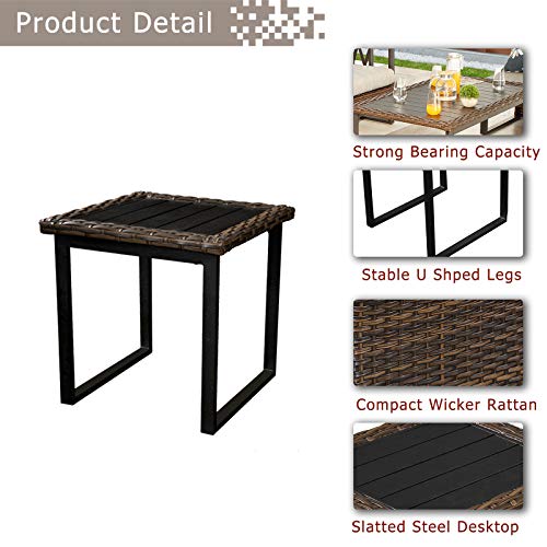 Festival Depot 10Pc Outdoor Furniture Patio Conversation Set Sectional Sofa Chairs All Weather Wicker Ottoman Metal Frame Square Slatted Coffee Table with Thick Grey Seat Back Cushions Without Pillows 