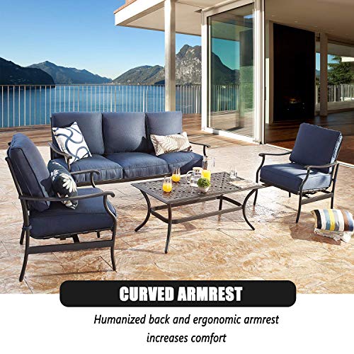 Festival Depot 4 Pcs Conversation Sets 5 Seats Patio Outdoor Arm Chairs Loveseat Set with Coffee Table Fabric Metal Frame Furniture Garden Bistro Seating Thick Soft Cushion, 