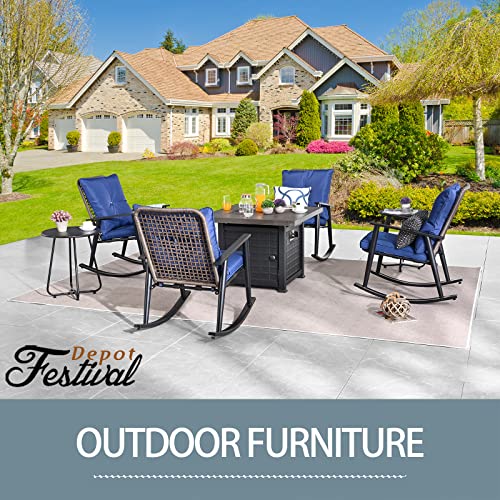 Elegant 7 Piece Outdoor Fire Pit Conversation Set with PE Wicker Rocking Chairs, Blue Cushions, and Side Tables 