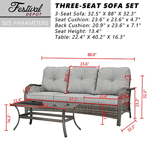 Festival Depot 2 Pieces Patio Bistro Set PE Wicker 3-Seat Sofa Set with Tempered Glass Top Side Table Outdoor Furniture Conversation Set (Brown Wicker, Grey Cushion) 