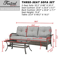 Festival Depot 2 Pieces Patio Bistro Set PE Wicker 3-Seat Sofa Set with Tempered Glass Top Side Table Outdoor Furniture Conversation Set (Brown Wicker, Grey Cushion)