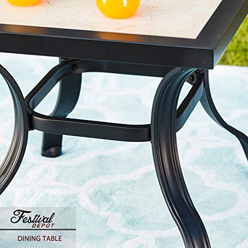 Festival Depot Modern Furniture Outdoor Square Patio Dining Coffee Bistro Table Metal Steel Legs with Ceramics Top All-Weather,20.9"(L) x 20.9"(W) x 19.7"(H),Black