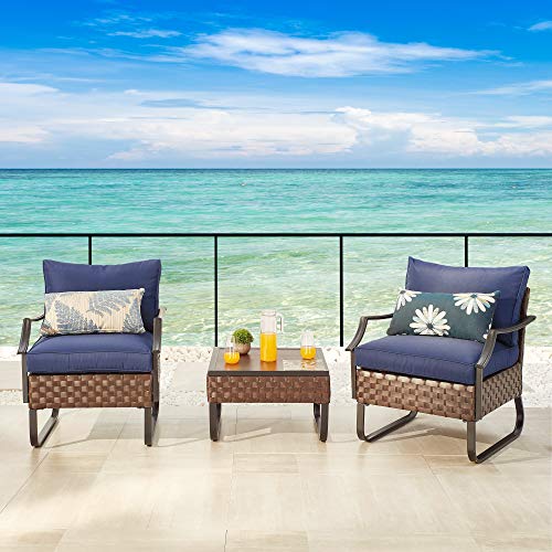 Festival Depot 3pc Bistro Outdoor Dining Furniture Patio Set Soft&Deep Cushion Wicker Rattan Chair with Curved Armrest Square Wood Grain Desktop Table with Side U Shaped Slatted Steel Leg All Weather