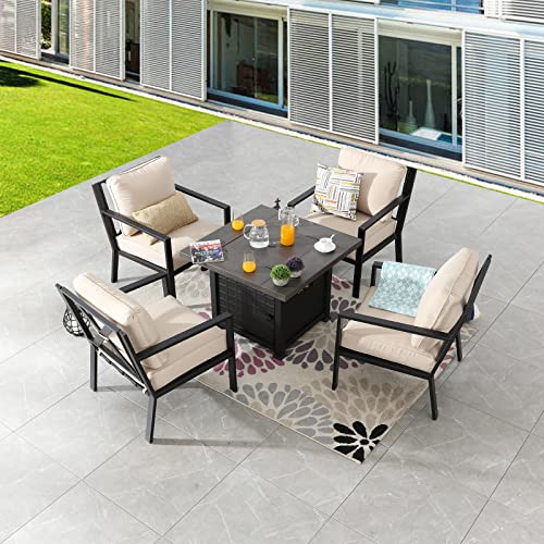 Festival Depot 5 Pieces Outdoor Fire Propane Pit Conversation Set, 4 Patio Dining Armchairs with Cushions Metal Frame and 34 inch 50000 BTU Auto-Ignition Square Propane Gas Fire Pit Table (Beige)