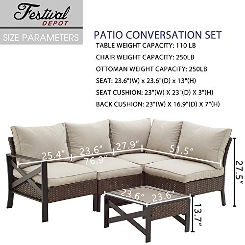 Festival Depot 5 Pcs Patio Outdoor Furniture Conversation Set Sectional Corner Sofa with All-Weather Brown Wicker Back Chair, Coffee Side Table, Ottoman and Soft Thick Removable Couch Cushion