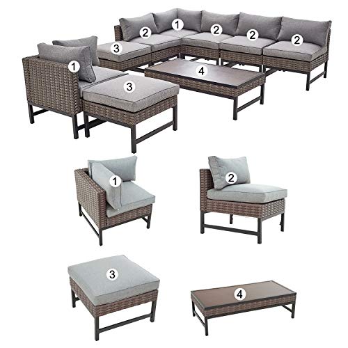 Festival Depot 9 Pieces Outdoor Furniture Patio Conversation Set Combination Sectional Corner Sofa All-Weather Wicker Metal Chairs with Seating Back Cushions Side Coffee Table,Gray