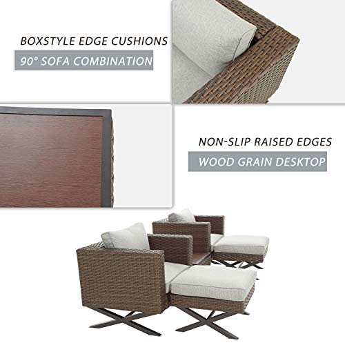 Festival Depot 5 Pieces Patio Outdoor Conversation Brown Wicker Rattan Chairs Cushions Ottomans Set Coffee Square Table Classic Metal Frame Furniture Garden Bistro Seating Grey Thick Soft Cushion 