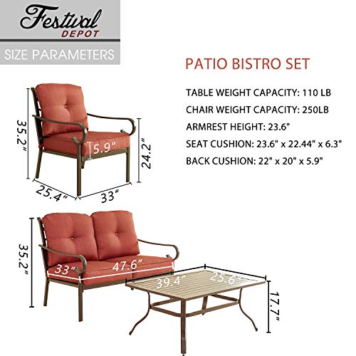 Festival Depot 4 Pieces Patio Conversation Set Loveseat Armchairs with Thick Cushions and Slatted Steel Top Coffee Table Metal Outdoor Furniture, Red 