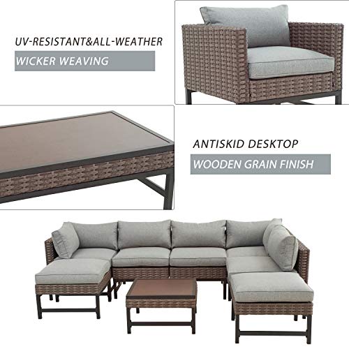 Festival Depot 8 Pieces Patio Conversation Set Outdoor Furniture Combination Sectional Corner Sofa All-Weather Woven Wicker Metal Armchairs with Seating Back Cushions Side Coffee Table Ottoman, Gray 