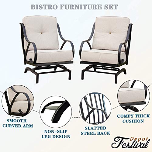 Festival Depot 2 of Outdoor Patio Dining Chairs with Blue Cushions Set Premium Fabric Metal Frame Furniture Set Garden Bistro Seating Chair Thick&Soft Cushions (2pc Dining Chairs) 