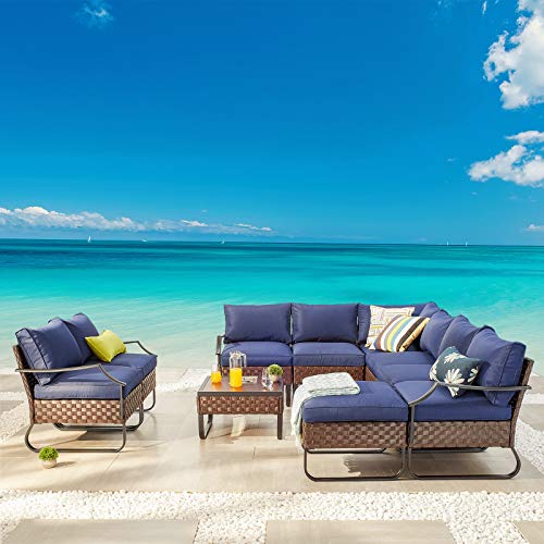 Festival Depot 10 Pieces Patio Conversation Sets Outdoor Furniture Sectional Corner Sofa with All-Weather PE Rattan Wicker Back Chair, Coffee Table Ottoman and Thick Soft Removable Couch Cushion(Blue)