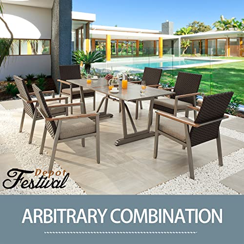 Sports Festival 7 Pieces Patio Conversation Set Outdoor Sectional Furniture Set Include 6 Armchair Set with Woven Wicker, Removable Cushions and Dining Table Stand with 2" Umbrella Hole, Metal Frame