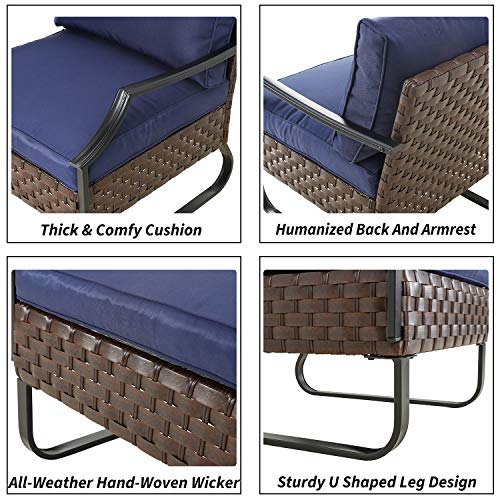 Festival Depot 6-Piece Patio Furniture Armchair Conversation Set Outdoor All-Weather Metal Chairs with Coffee Table and Ottoman for Porch Lawn Garden Balcony Pool Backyard, Thick Blue Cushions, Brown 