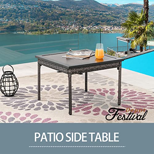 Chic All-Weather Rattan & Metal Side Table with Wood-Like Top 