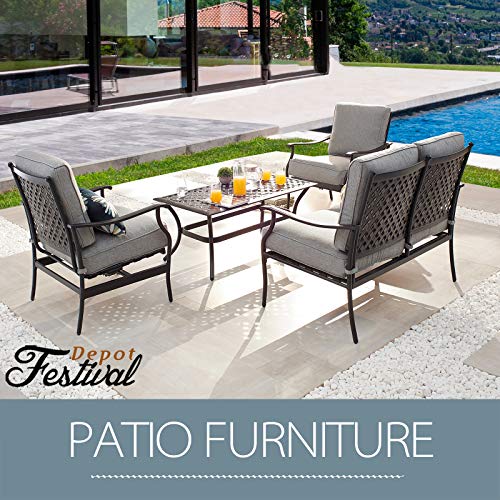 Festival Depot 4pc 4 Seats Patio Conversation Outdoor ArmChairs Loveseat Set with Coffee Table Fabric Metal Frame Furniture Garden Bistro Seating Thick Soft Cushions