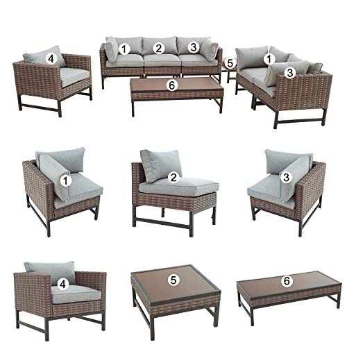 Festival Depot 8 Pieces Outdoor Furniture Patio Conversation Set Combination Sectional Sofa Loveseat All-Weather Wicker Metal Armchairs with Seating Back Cushions Side Coffee Table,Gray 