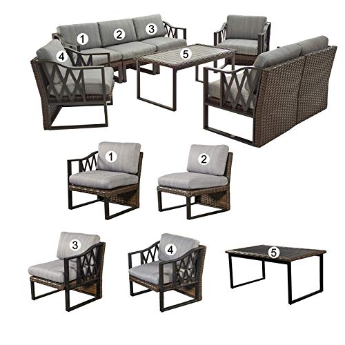 Festival Depot 8pcs Outdoor Furniture Patio Conversation Set Sectional Sofa Chairs All Weather Brown Wicker Ottoman Slatted Coffee Table with Thick Grey Seat Back Cushions, Black