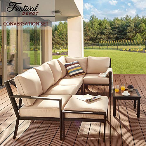 Festival Depot 7-Pieces Patio Conversation Sets Outdoor Furniture Loveseat Sectional Corner Sofa, All-Weather Black Slatted Back Chairs with Coffee Table and Soft Removable Couch Cushions(Beige)