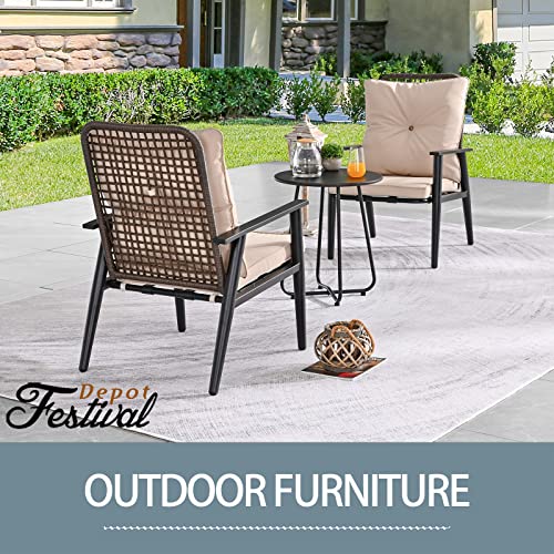 Festival Depot 3 Pcs Patio Bistro Set PE Wicker Conversation Set, Outdoor Furniture Armchairs with Cushions Metal Side Coffee Table for Backyard Porch Balcony Outside Poolside Lawn (Khaki) 