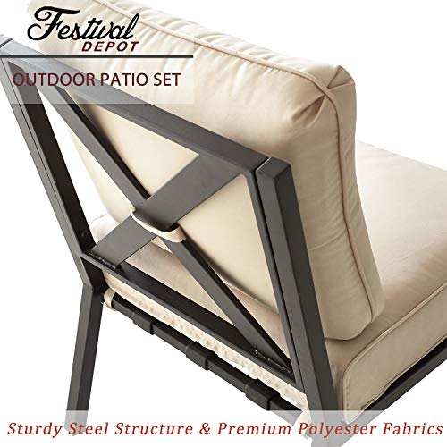 Festival Depot 3 Pieces Patio Sectional Corner Sofa Set Outdoor All-Weather Metal Chairs with Seating Back Cushions Garden Poolside(Beige)