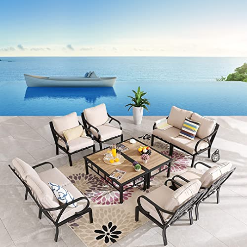 Festival Depot 10pcs Patio Conversation Set Sectional Metal Chairs with Cushions and Coffee Tables All Weather Outdoor Furniture for Garden Backyard, Beige