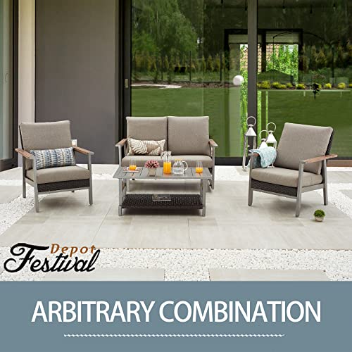Festival Depot 2 Pcs Patio Dining with Chair Metal Frame Rattan Wicker Armchair and Cushions All Weather Outdoor Furniture for Backyard Garden, Dark Grey 