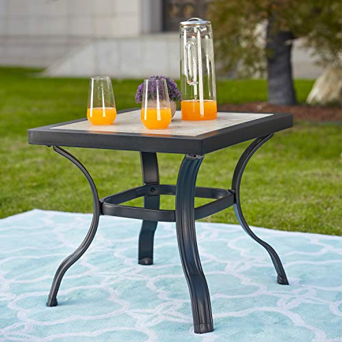 Festival Depot Patio Dining Table Outdoor All-Weather Furniture with Black Metal Frame and Tile Top for Poolside Deck Garden