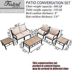 Festival Depot 7pcs Patio Conversation Set Sectional Metal Chairs with Cushions Coffee Tables All Weather Outdoor Furniture for Garden Backyard, Beige