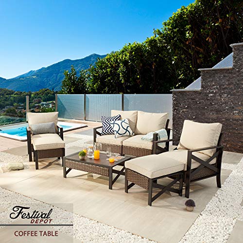 Festival Depot Coffee Outdoor Dining Furniture Bistro Side Patio Table Rectangle Wicker Rattan Wood Grain Desktop with Side X Shaped Slatted Steel Legs Garden All Weather 38.2"(L) x 21.7"(W) x 13"(H) 