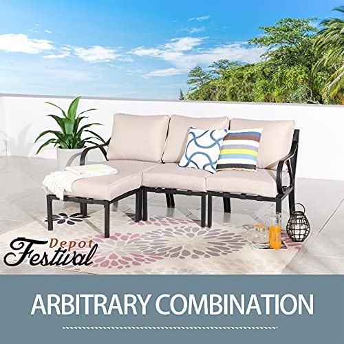 Festival Depot 1 Piece Patio Sofa Chair Outdoor Furniture Metal Armchair with Thick Seat and Back Cushions for Bistro Porch Balcony, Beige