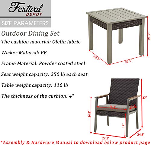 Festival Depot 3 Pieces Patio Bistro Set 2 Dining Armchairs with Seat Cushions and 1 Side Table in Metal Frame Outdoor Furniture for Balcony Garden