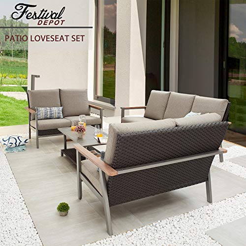 Festival Depot 4-Pieces Patio Outdoor Conversation Loveseats Chairs Set with Coffee Rectangle Table Metal Frame Furniture Garden Bistro Seating Thick Soft Cushions (4pc Patio Loveseat Set)