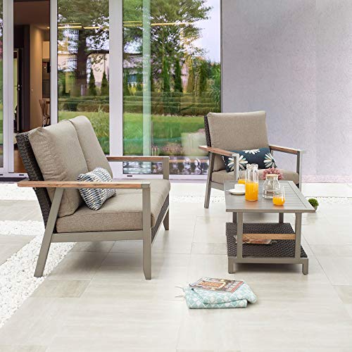 Festival Depot 3pcs Patio Conversation Set All Weather Wicker Chair Rattan Loveseat with Grey Thick Cushions and Coffee Table in Metal Frame Outdoor Furniture for Deck Yard